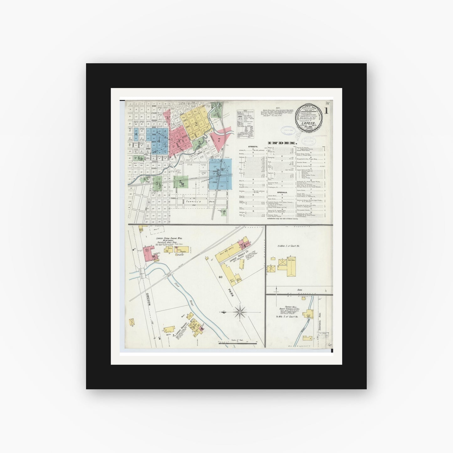 Old map wall art mockup — black gallery frame with white mat — Sanborn Fire Insurance Map from Lapeer, Lapeer County, Michigan (1898), Sheet #0001