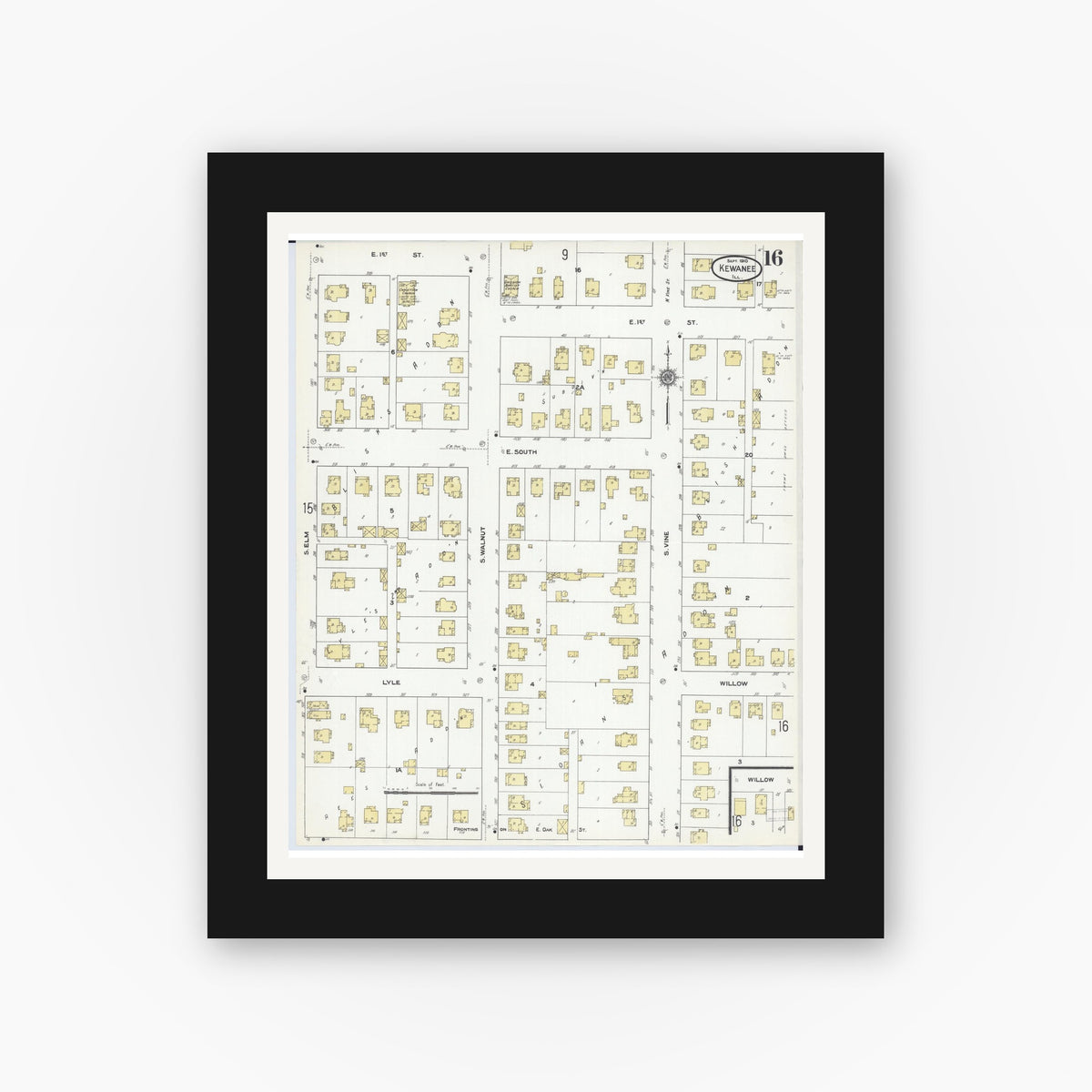 Old map wall art mockup — black gallery frame with white mat — Sanborn Fire Insurance Map from Kewanee, Henry County, Illinois (1910), Sheet #0016