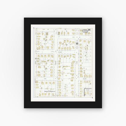 Old map wall art mockup — black gallery frame with white mat — Sanborn Fire Insurance Map from Kewanee, Henry County, Illinois (1910), Sheet #0016