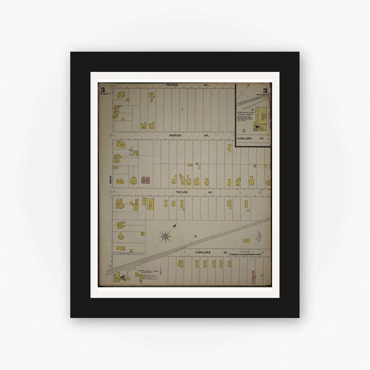 Old map wall art mockup — black gallery frame with white mat — Sanborn Fire Insurance Map from New Jersey Coast, New Jersey Coast, New Jersey (1890), Sheet #0003