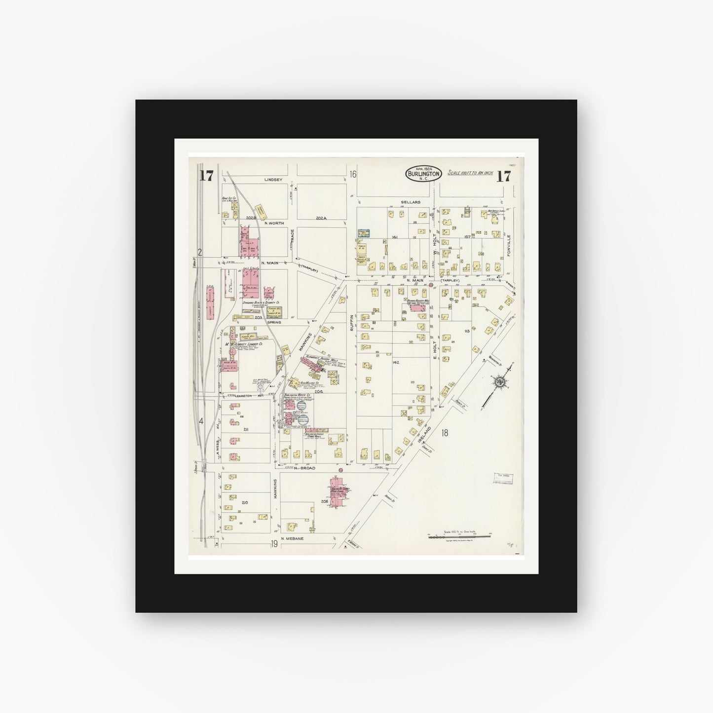 Old map wall art mockup — black gallery frame with white mat — Sanborn Fire Insurance Map from Burlington, Alamance County, North Carolina (1924), Sheet #0017