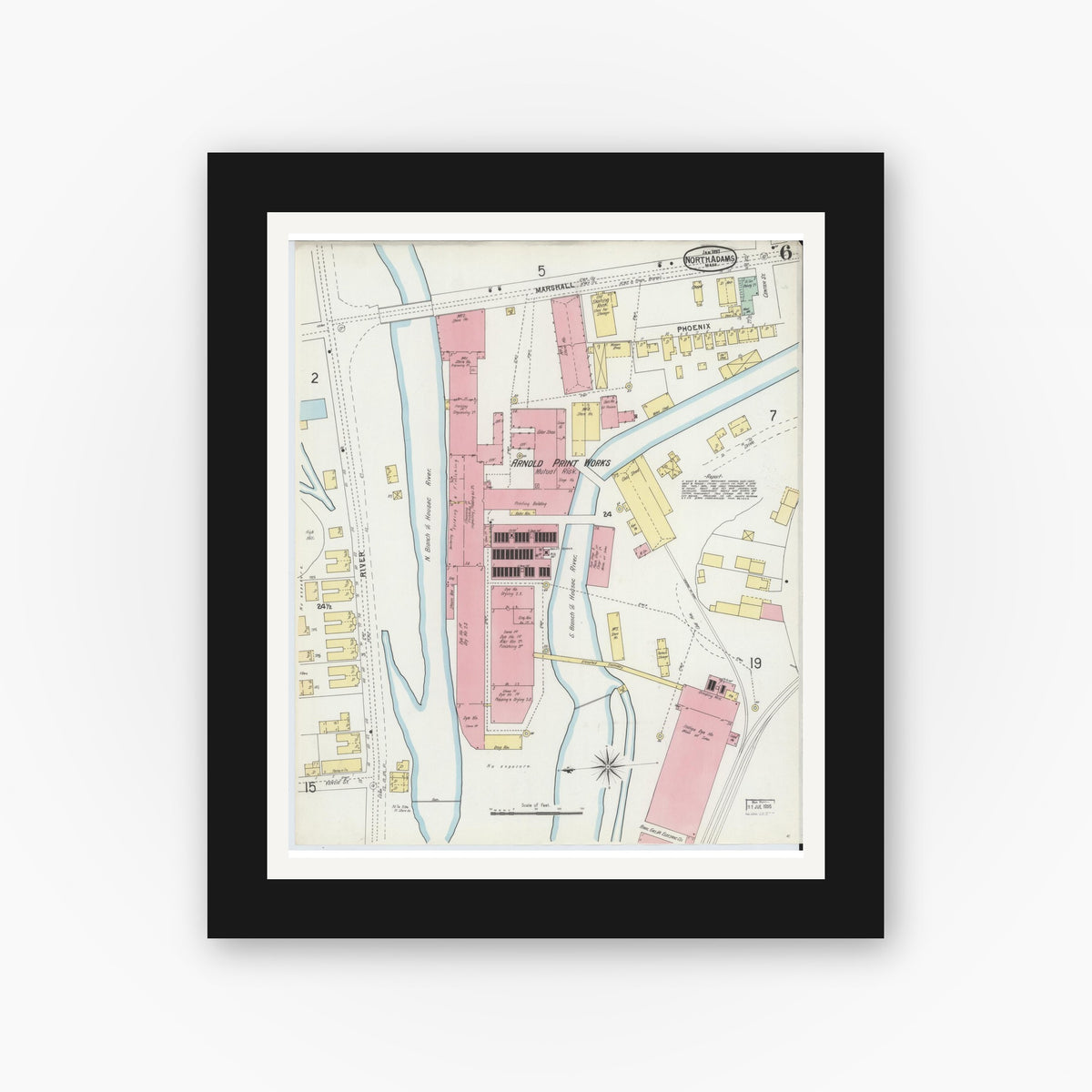 Old map wall art mockup — black gallery frame with white mat — Sanborn Fire Insurance Map from North Adams, Berkshire County, Massachusetts (1897), Sheet #0006
