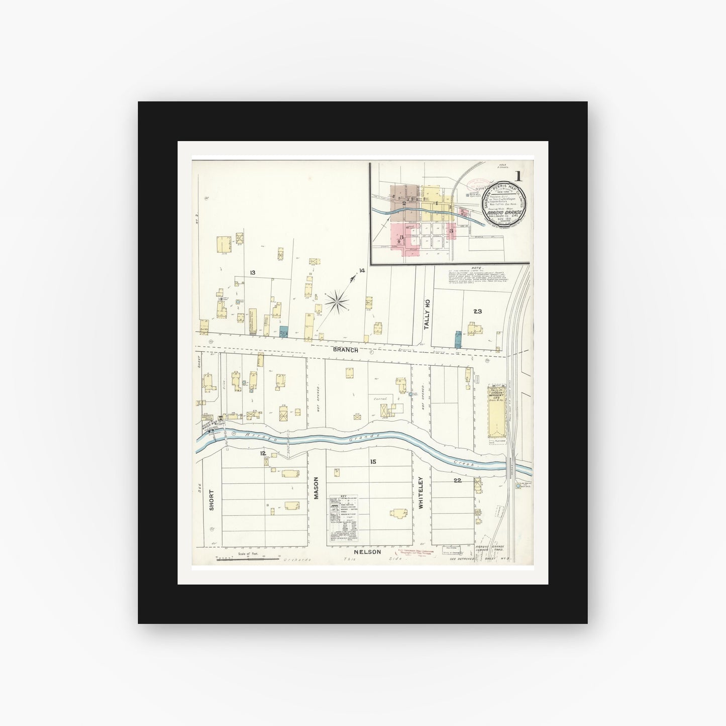 Old map wall art mockup — black gallery frame with white mat — Sanborn Fire Insurance Map from Arroyo Grande, San Luis Obispo County, California (1891), Sheet #0001