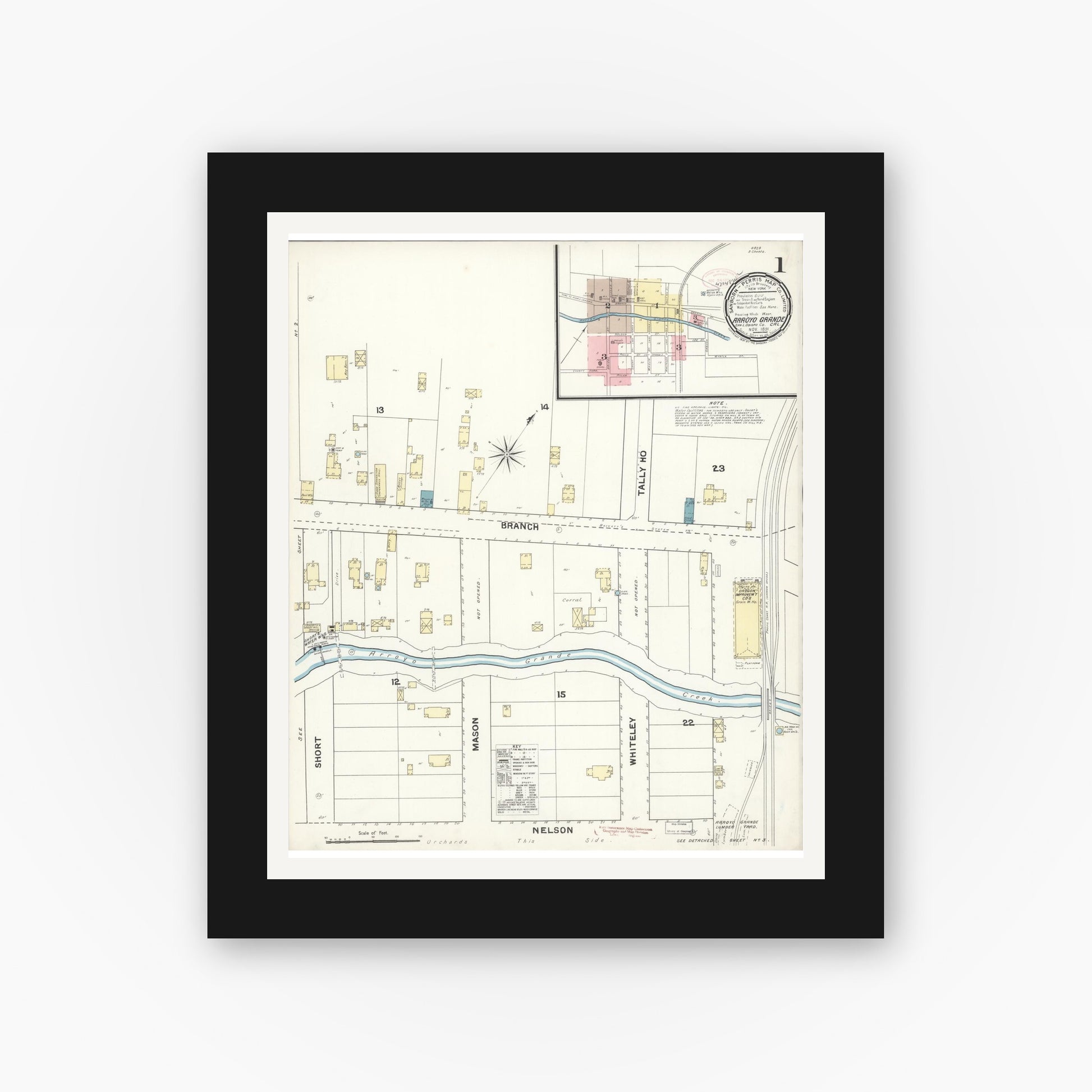 Old map wall art mockup — black gallery frame with white mat — Sanborn Fire Insurance Map from Arroyo Grande, San Luis Obispo County, California (1891), Sheet #0001