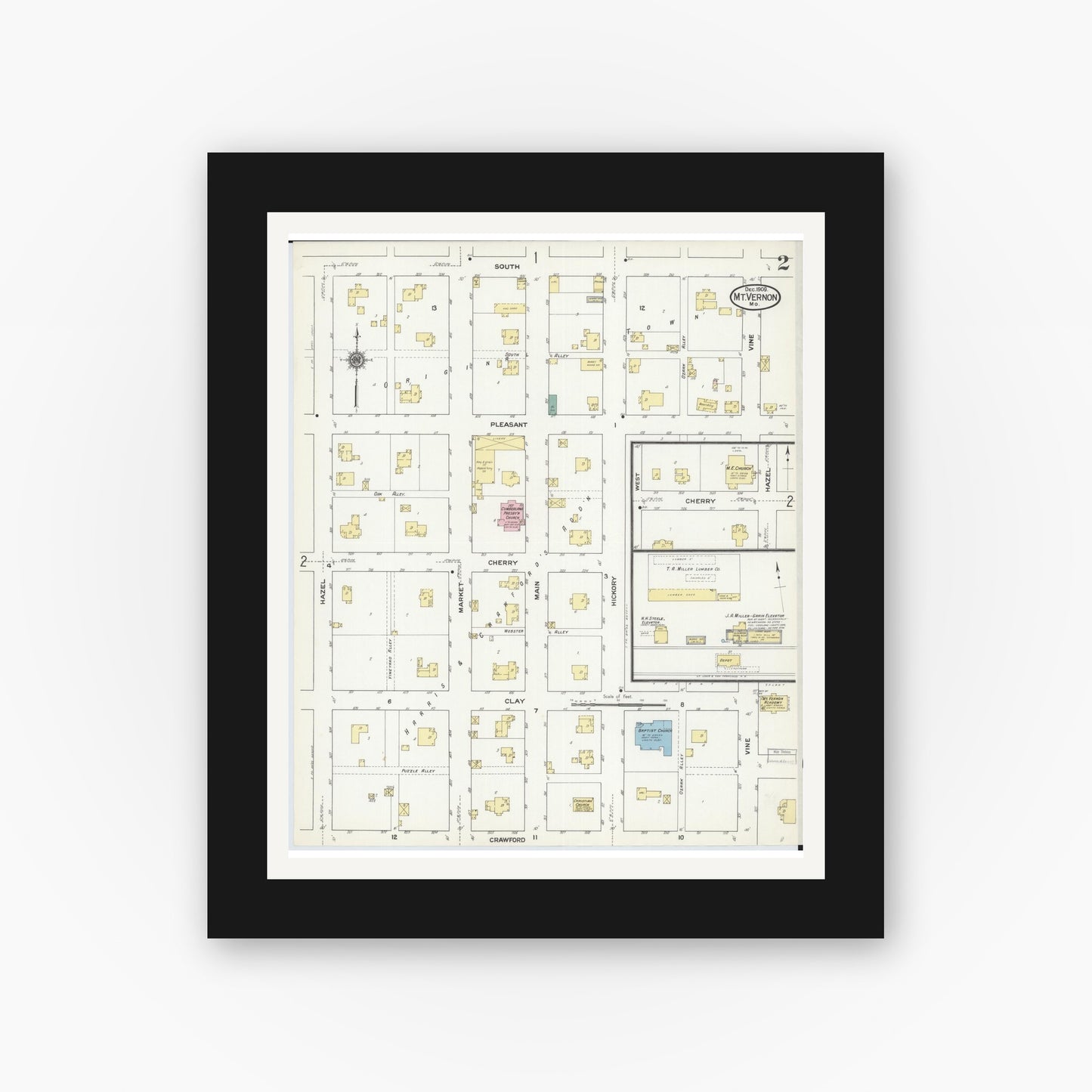 Old map wall art mockup — black gallery frame with white mat — Sanborn Fire Insurance Map from Mount Vernon, Lawrence County, Missouri (1909), Sheet #0002