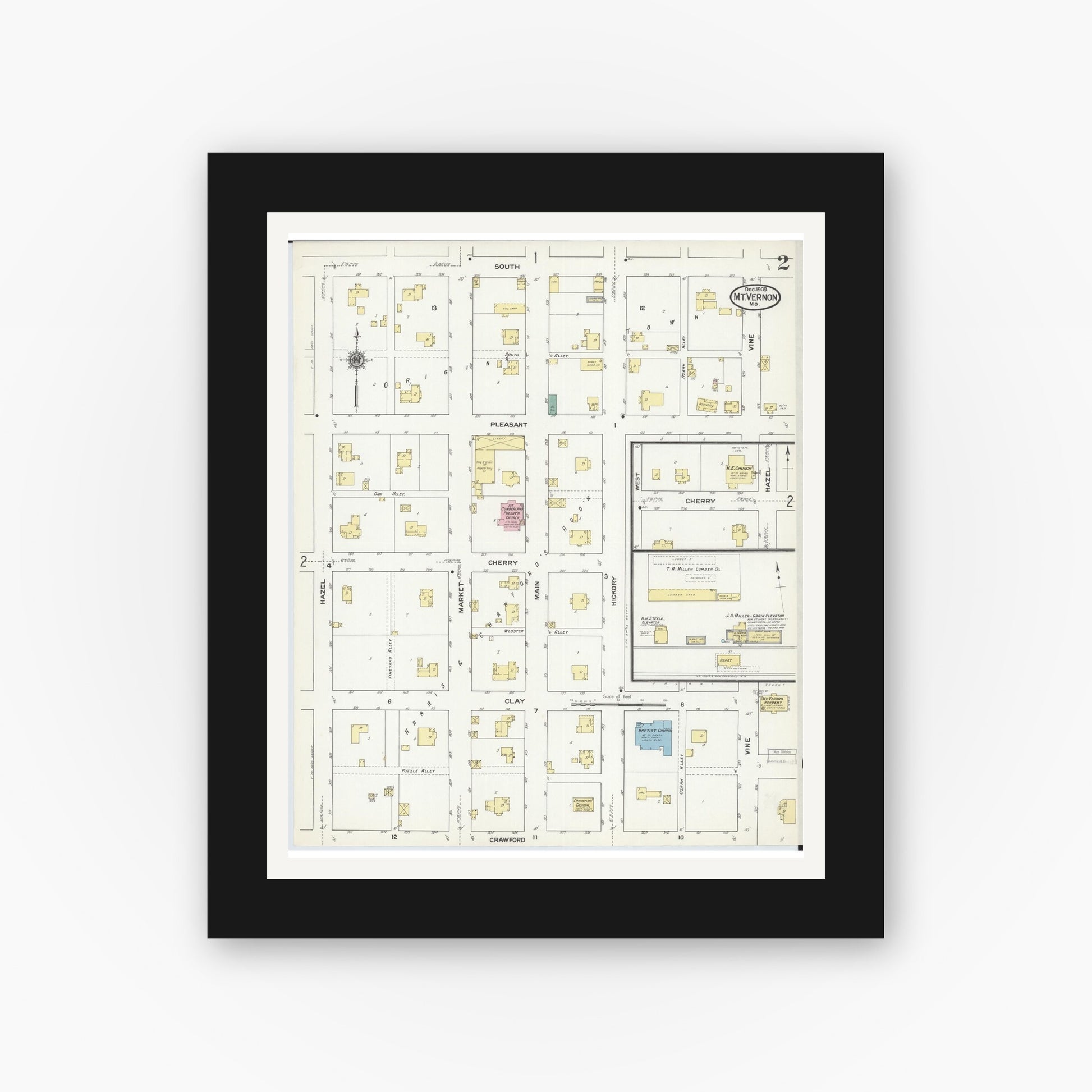 Old map wall art mockup — black gallery frame with white mat — Sanborn Fire Insurance Map from Mount Vernon, Lawrence County, Missouri (1909), Sheet #0002