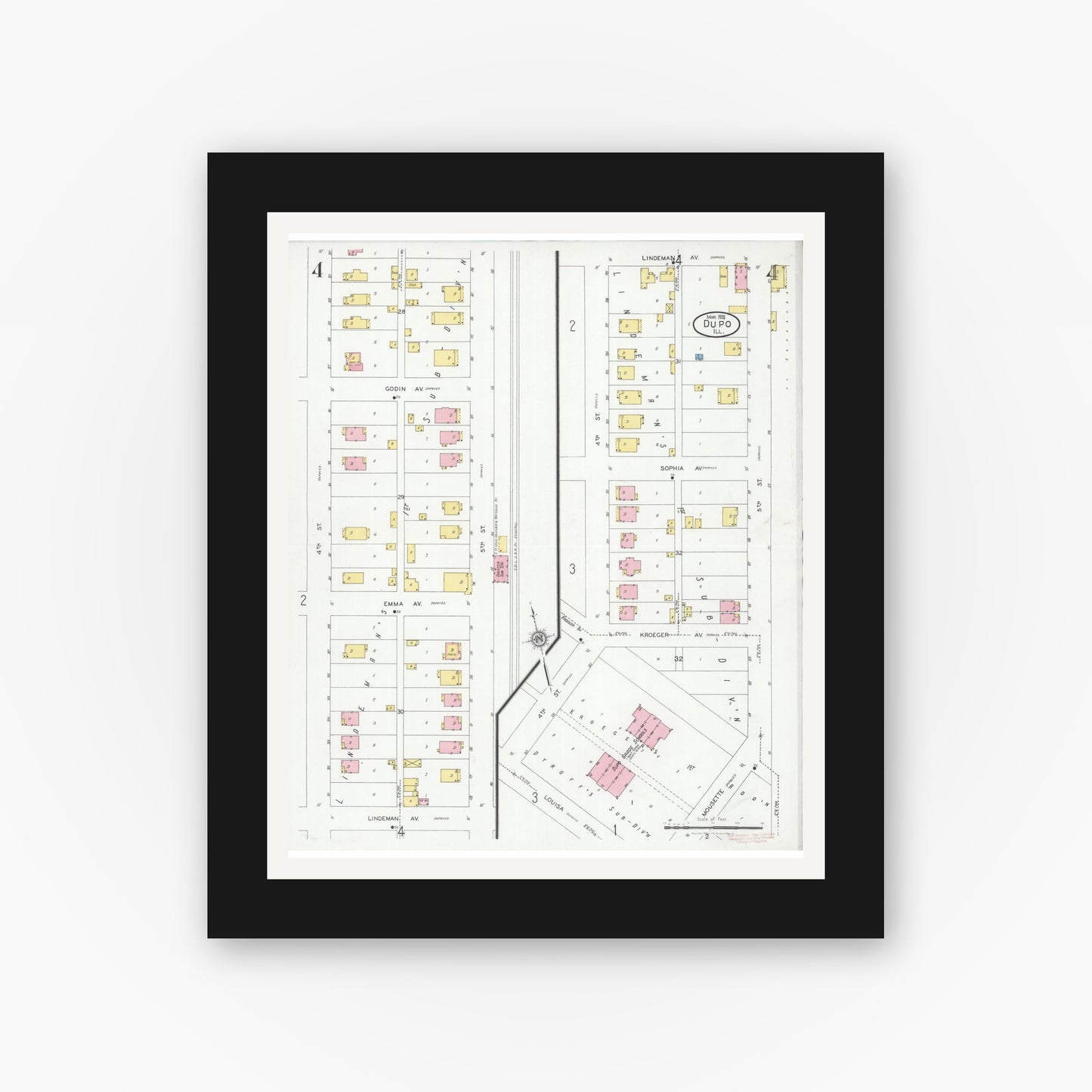 Old map wall art mockup — black gallery frame with white mat — Sanborn Fire Insurance Map from Dupo, Saint Clair County, Illinois (1928), Sheet #0004