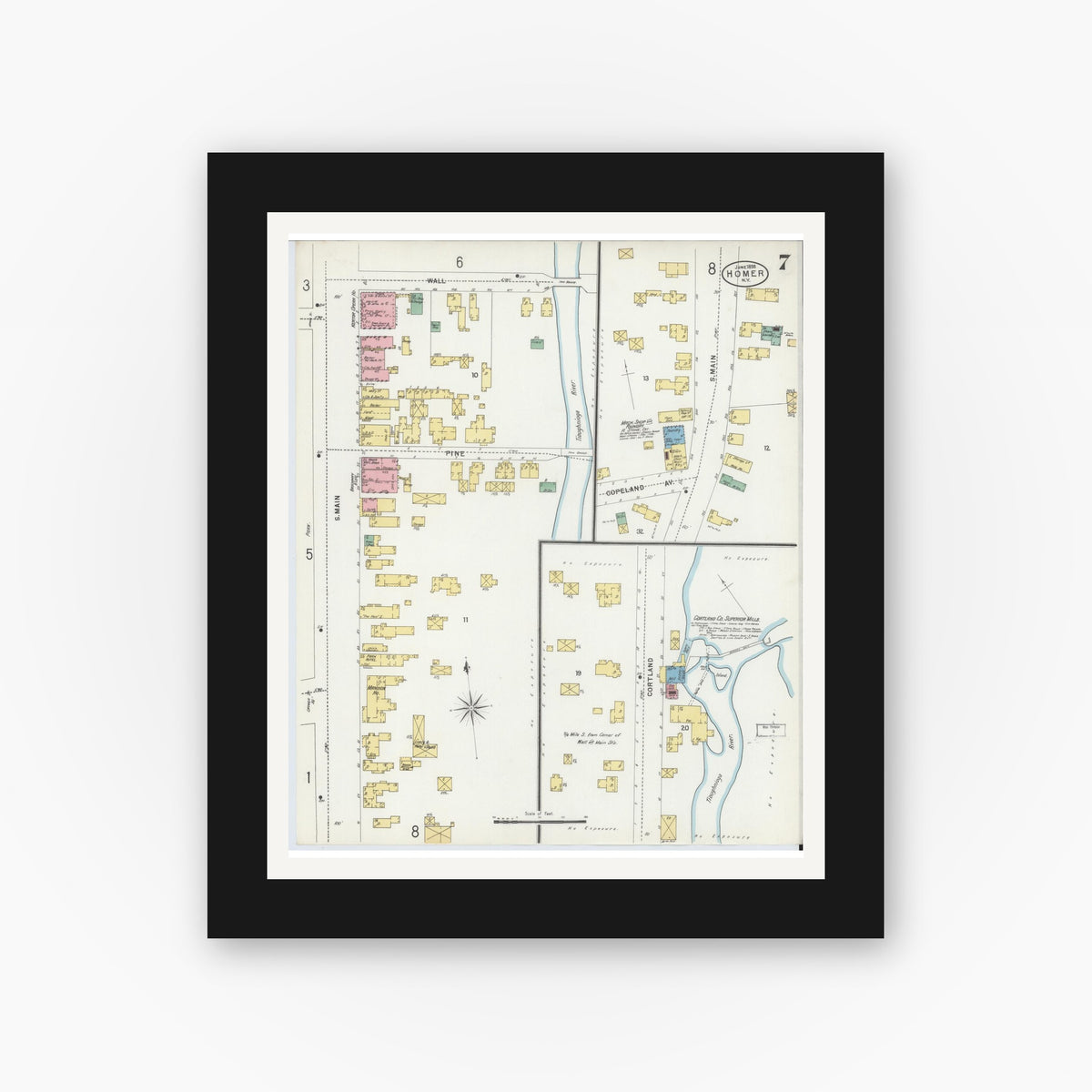 Old map wall art mockup — black gallery frame with white mat — Sanborn Fire Insurance Map from Homer, Cortland County, New York (1898), Sheet #0007