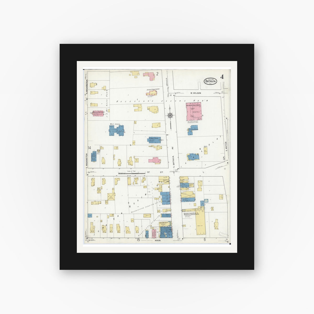 Old map wall art mockup — black gallery frame with white mat — Sanborn Fire Insurance Map from Batavia, Kane County, Illinois (1916), Sheet #0004
