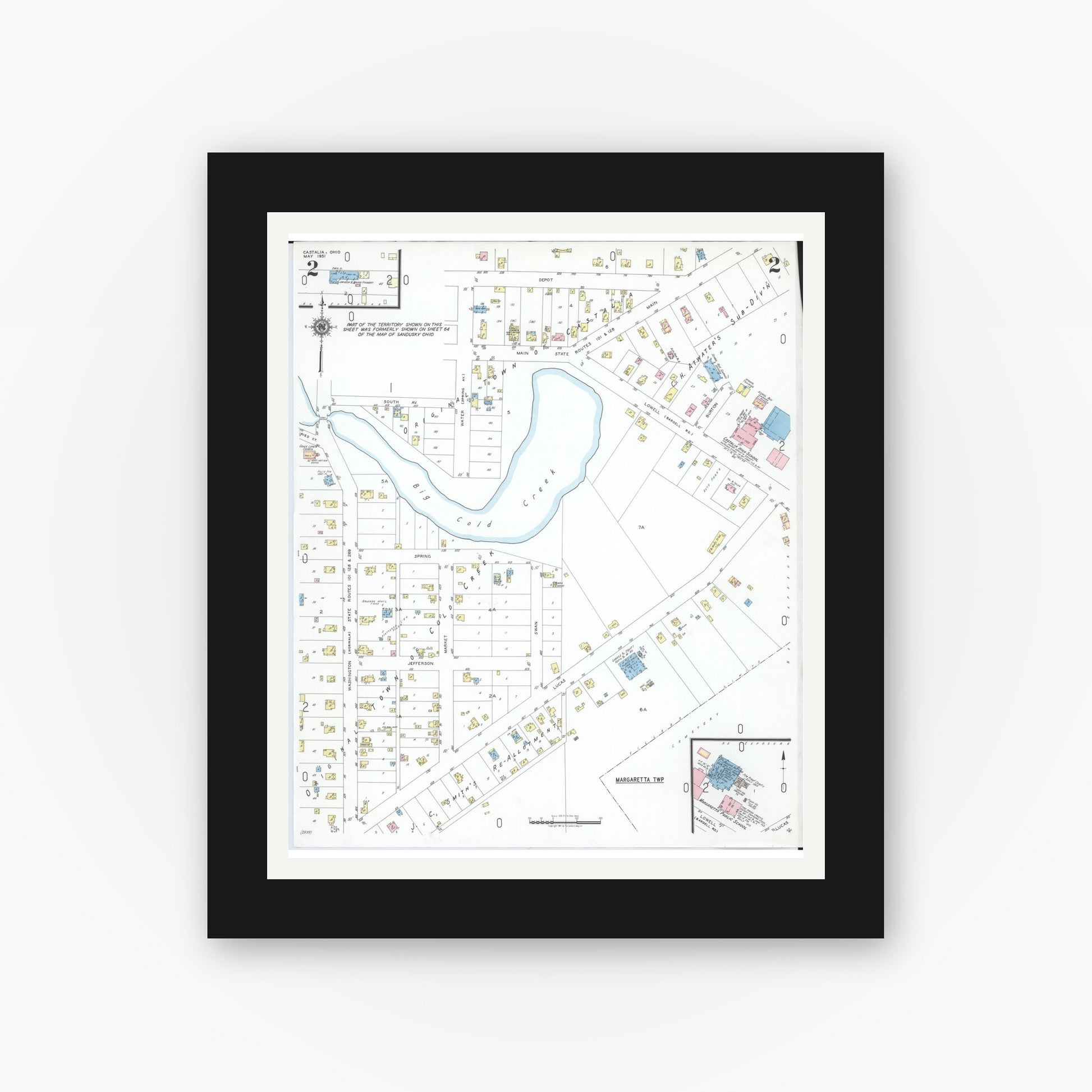 Old map wall art mockup — black gallery frame with white mat — Sanborn Fire Insurance Map from Castalia, Erie County, Ohio (1951), Sheet #0002