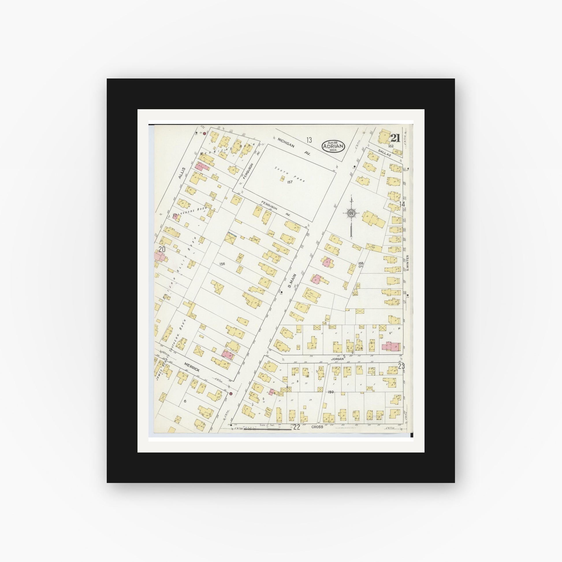 Old map wall art mockup — black gallery frame with white mat — Sanborn Fire Insurance Map from Adrian, Lenawee County, Michigan (1916), Sheet #0021