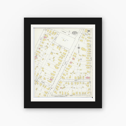 Old map wall art mockup — black gallery frame with white mat — Sanborn Fire Insurance Map from Adrian, Lenawee County, Michigan (1916), Sheet #0021