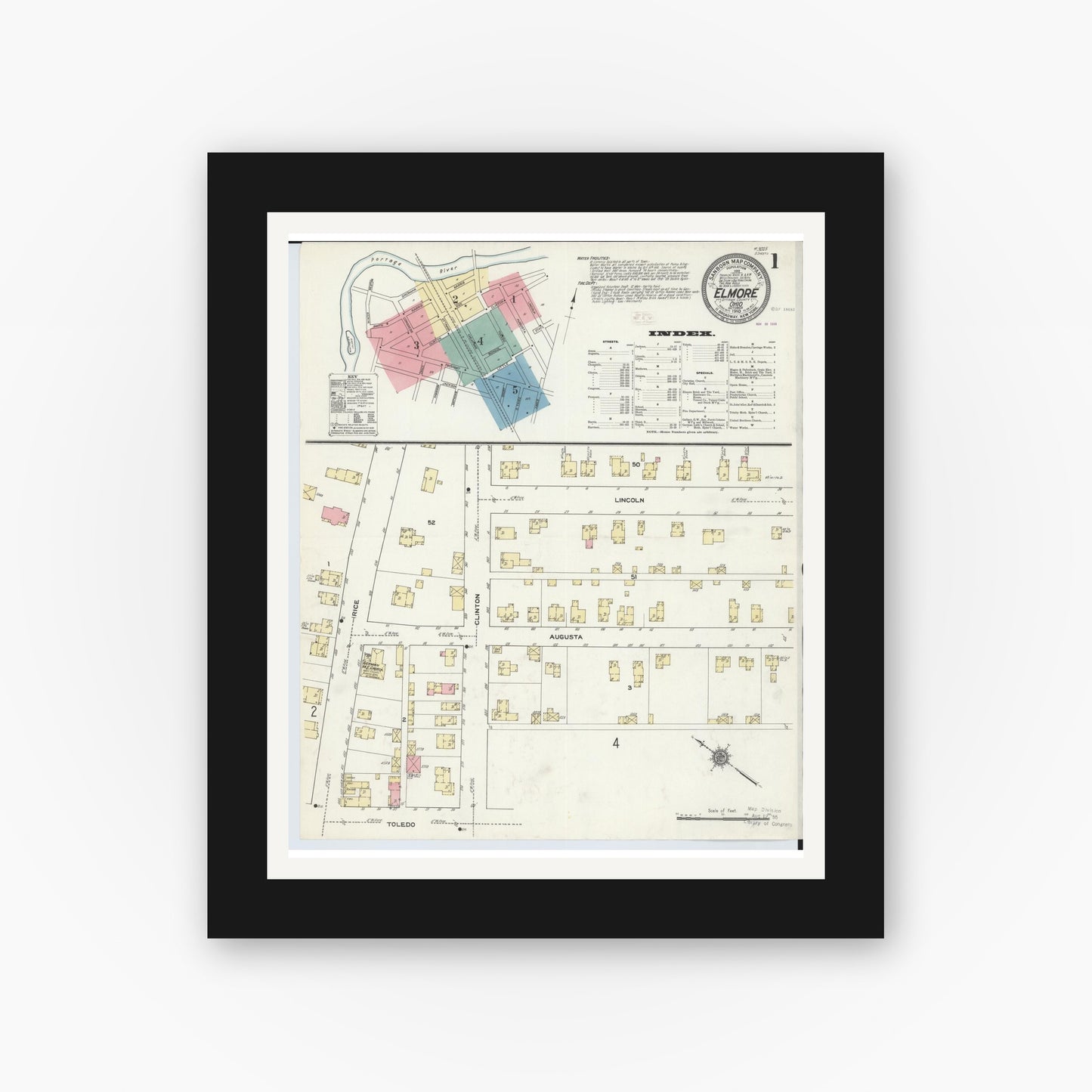 Old map wall art mockup — black gallery frame with white mat — Sanborn Fire Insurance Map from Elmore, Ottawa County, Ohio (1910), Sheet #0001