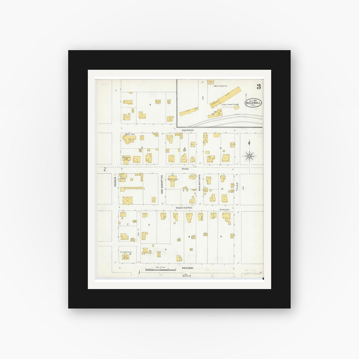 Old map wall art mockup — black gallery frame with white mat — Sanborn Fire Insurance Map from Rockwall, Rockwall County, Texas (1905), Sheet #0003