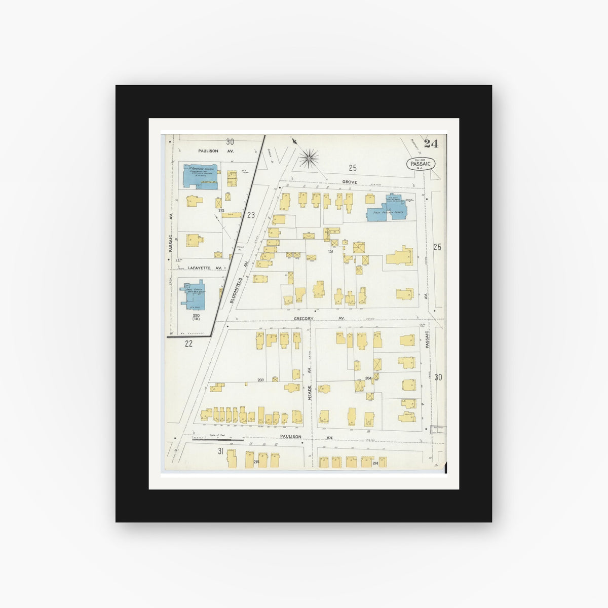 Old map wall art mockup — black gallery frame with white mat — Sanborn Fire Insurance Map from Passaic, Passaic County, New Jersey (1903), Sheet #0024