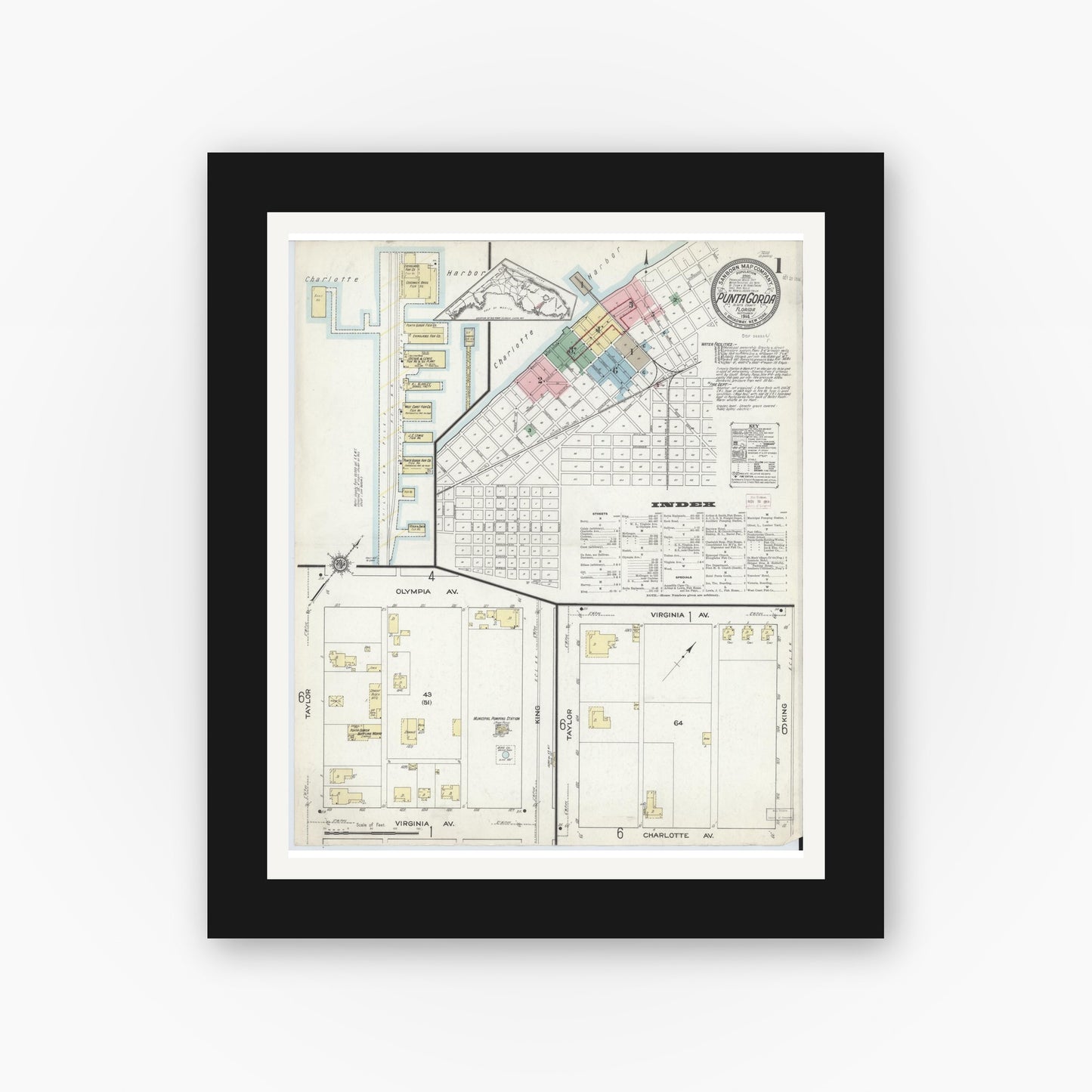 Old map wall art mockup — black gallery frame with white mat — Sanborn Fire Insurance Map from Punta Gorda, Charlotte County, Florida (1914), Sheet #0001