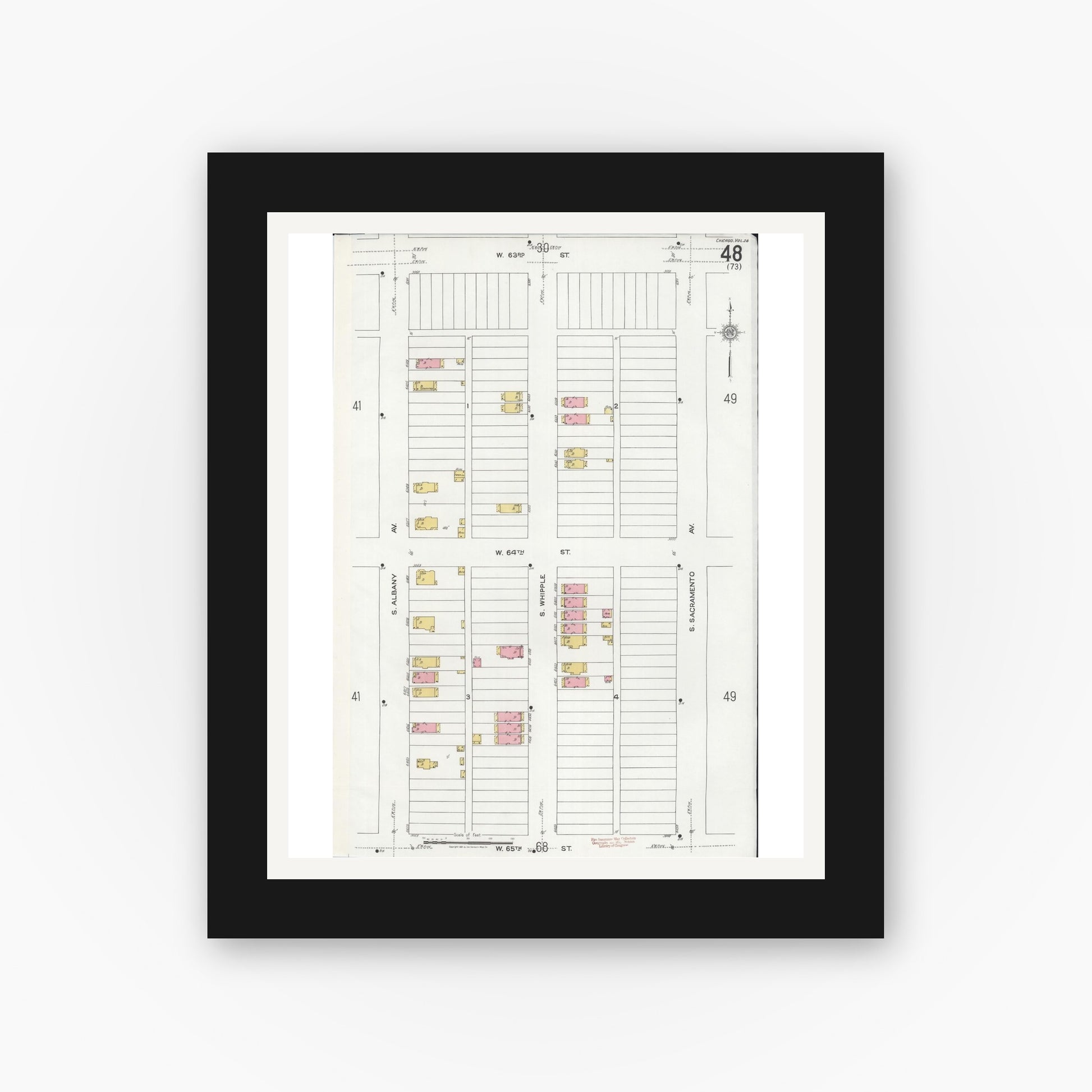 Old map wall art mockup — black gallery frame with white mat — Sanborn Fire Insurance Map from Chicago, Cook County, Illinois (1920), Sheet #0048