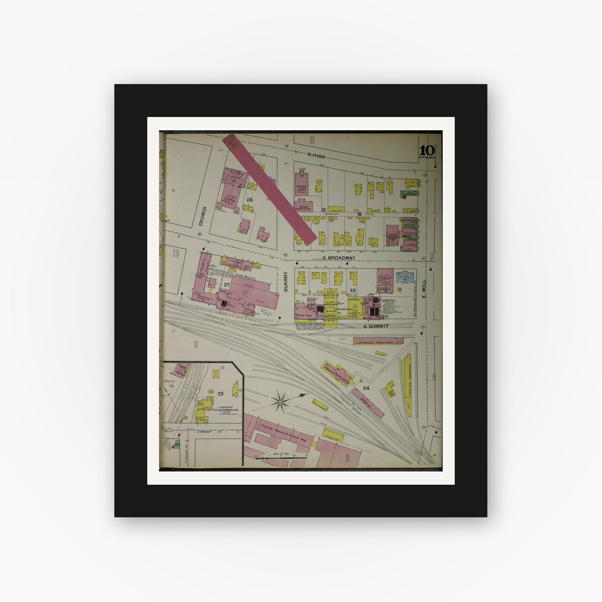 Old map wall art mockup — black gallery frame with white mat — Sanborn Fire Insurance Map from Akron, Summit County, Ohio (1892), Sheet #0010