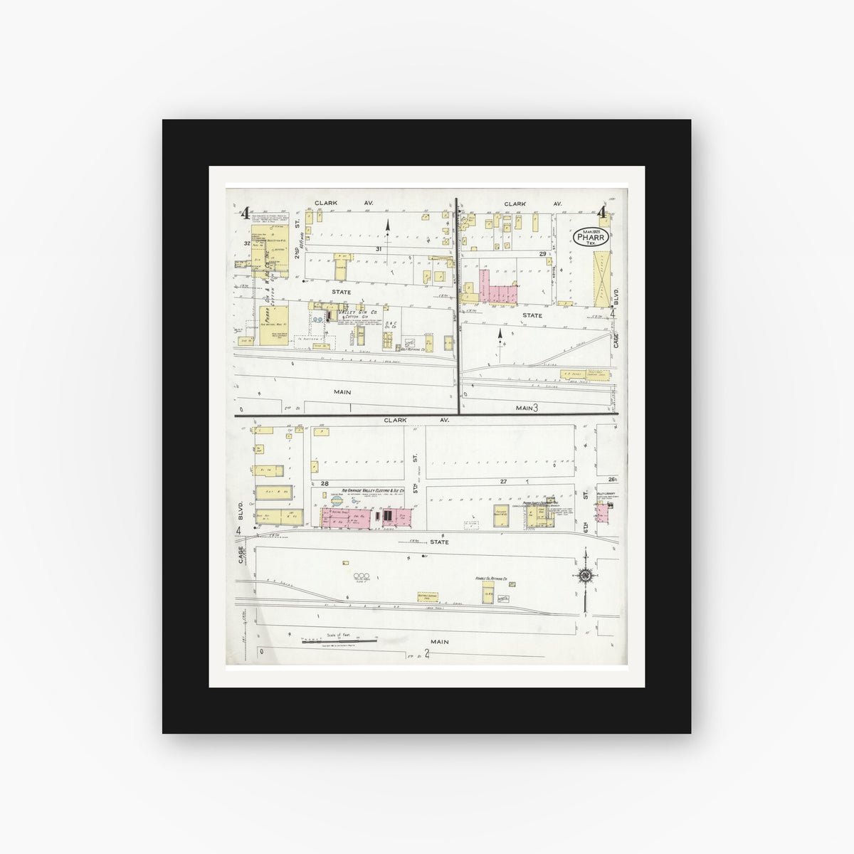 Old map wall art mockup — black gallery frame with white mat — Sanborn Fire Insurance Map from Pharr, Hidalgo County, Texas (1925), Sheet #0004