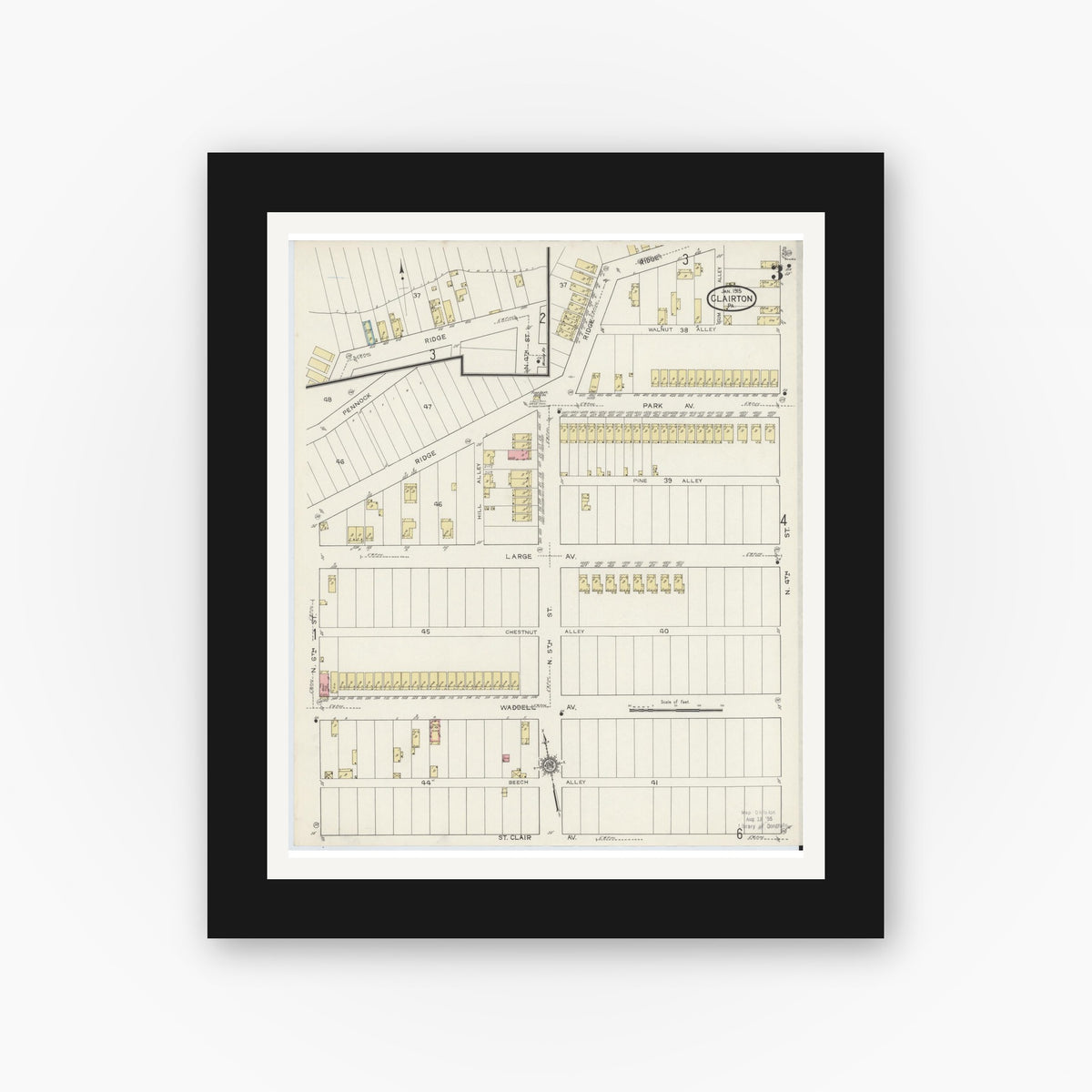 Old map wall art mockup — black gallery frame with white mat — Sanborn Fire Insurance Map from Clairton, Allegheny County, Pennsylvania (1915), Sheet #0003