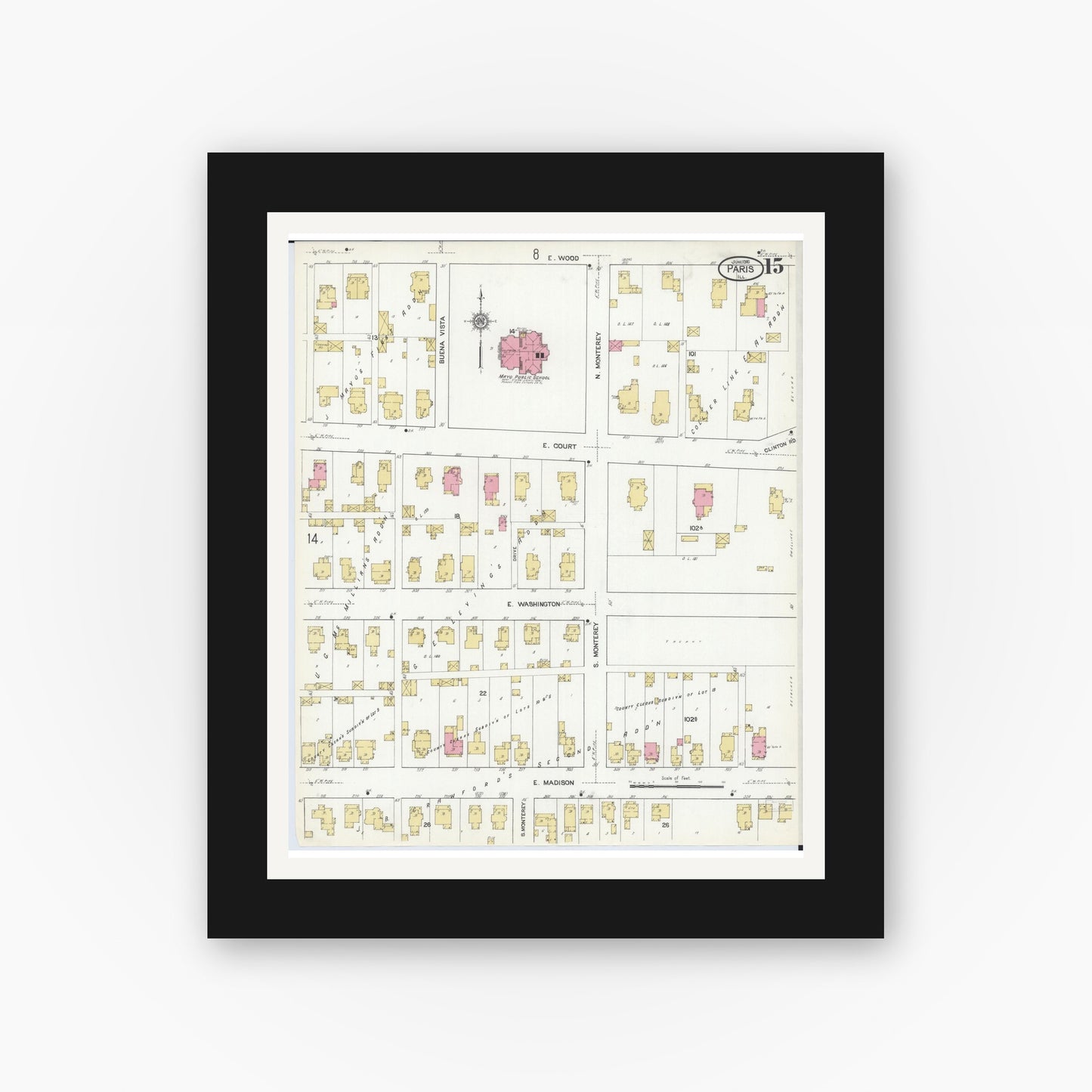Old map wall art mockup — black gallery frame with white mat — Sanborn Fire Insurance Map from Paris, Edgar County, Illinois (1916), Sheet #0015