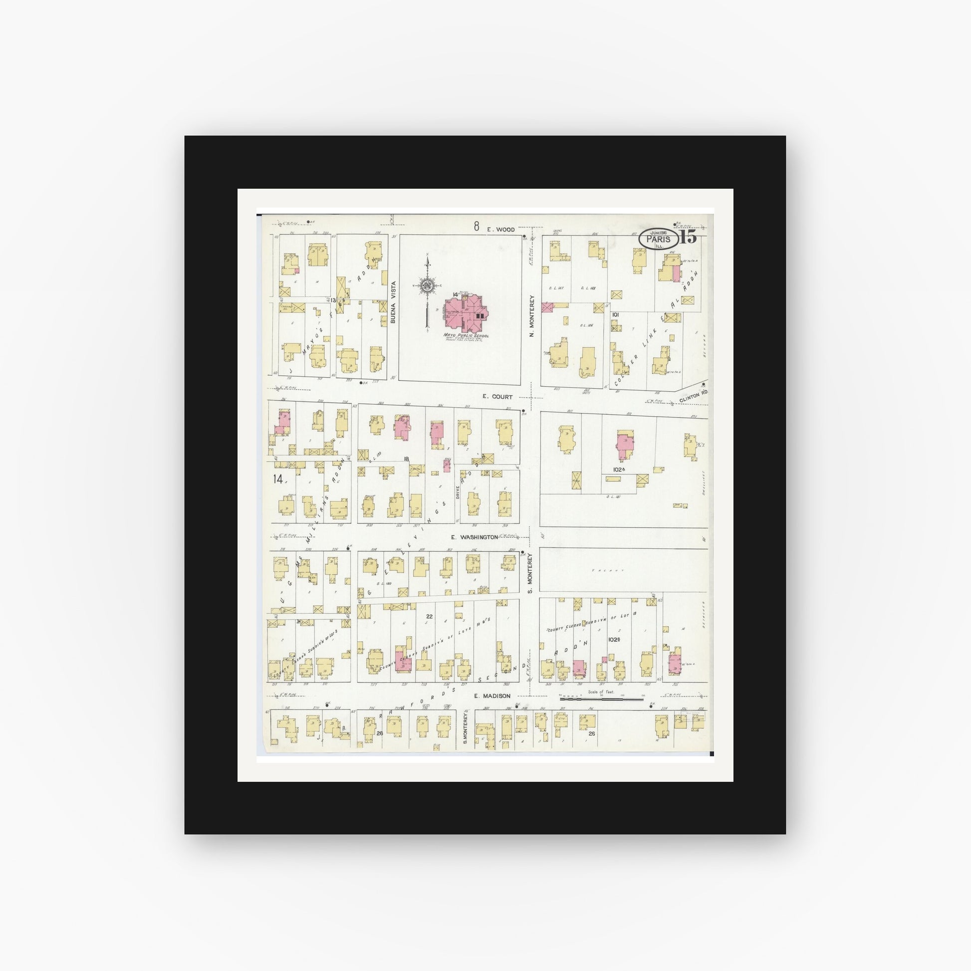 Old map wall art mockup — black gallery frame with white mat — Sanborn Fire Insurance Map from Paris, Edgar County, Illinois (1916), Sheet #0015