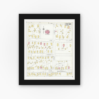 Old map wall art mockup — black gallery frame with white mat — Sanborn Fire Insurance Map from Paris, Edgar County, Illinois (1916), Sheet #0015