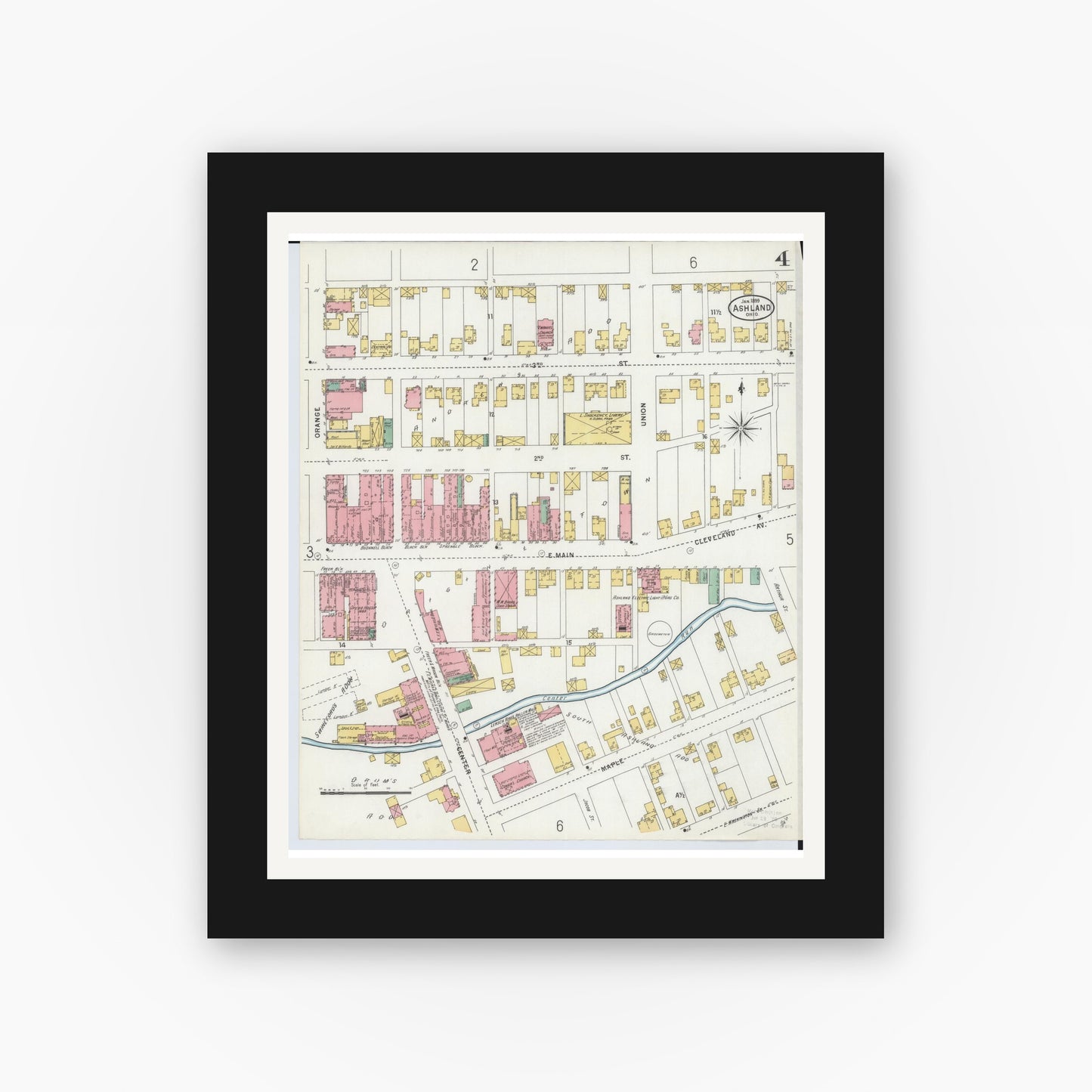 Old map wall art mockup — black gallery frame with white mat — Sanborn Fire Insurance Map from Ashland, Ashland County, Ohio (1899), Sheet #0004