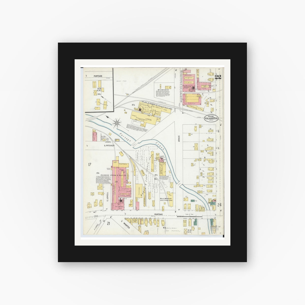 Old map wall art mockup — black gallery frame with white mat — Sanborn Fire Insurance Map from Kalamazoo, Kalamazoo County, Michigan (1902), Sheet #0022