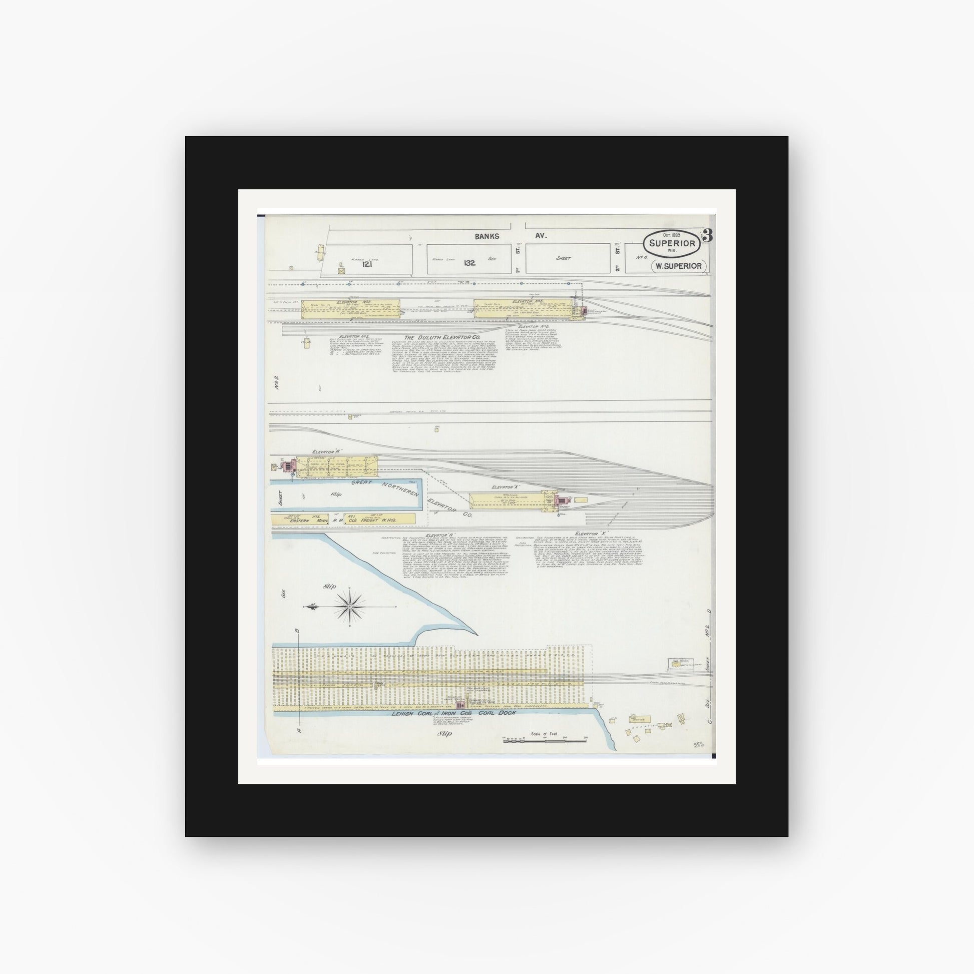 Old map wall art mockup — black gallery frame with white mat — Sanborn Fire Insurance Map from Superior, Douglas County, Wisconsin (1889), Sheet #0003