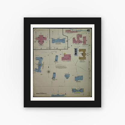 Old map wall art mockup — black gallery frame with white mat — Sanborn Fire Insurance Map from Madison, Dane County, Wisconsin (1908), Sheet #0048