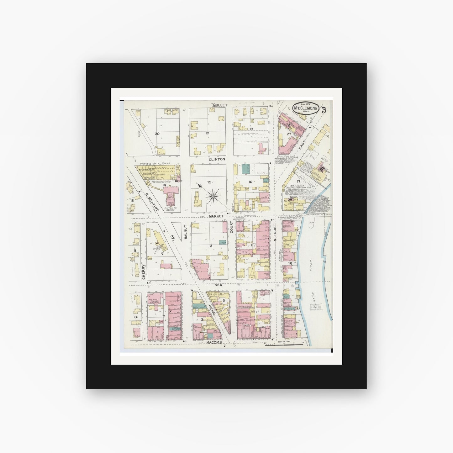 Old map wall art mockup — black gallery frame with white mat — Sanborn Fire Insurance Map from Mount Clemens, Macomb County, Michigan (1892), Sheet #0005