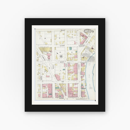 Old map wall art mockup — black gallery frame with white mat — Sanborn Fire Insurance Map from Mount Clemens, Macomb County, Michigan (1892), Sheet #0005
