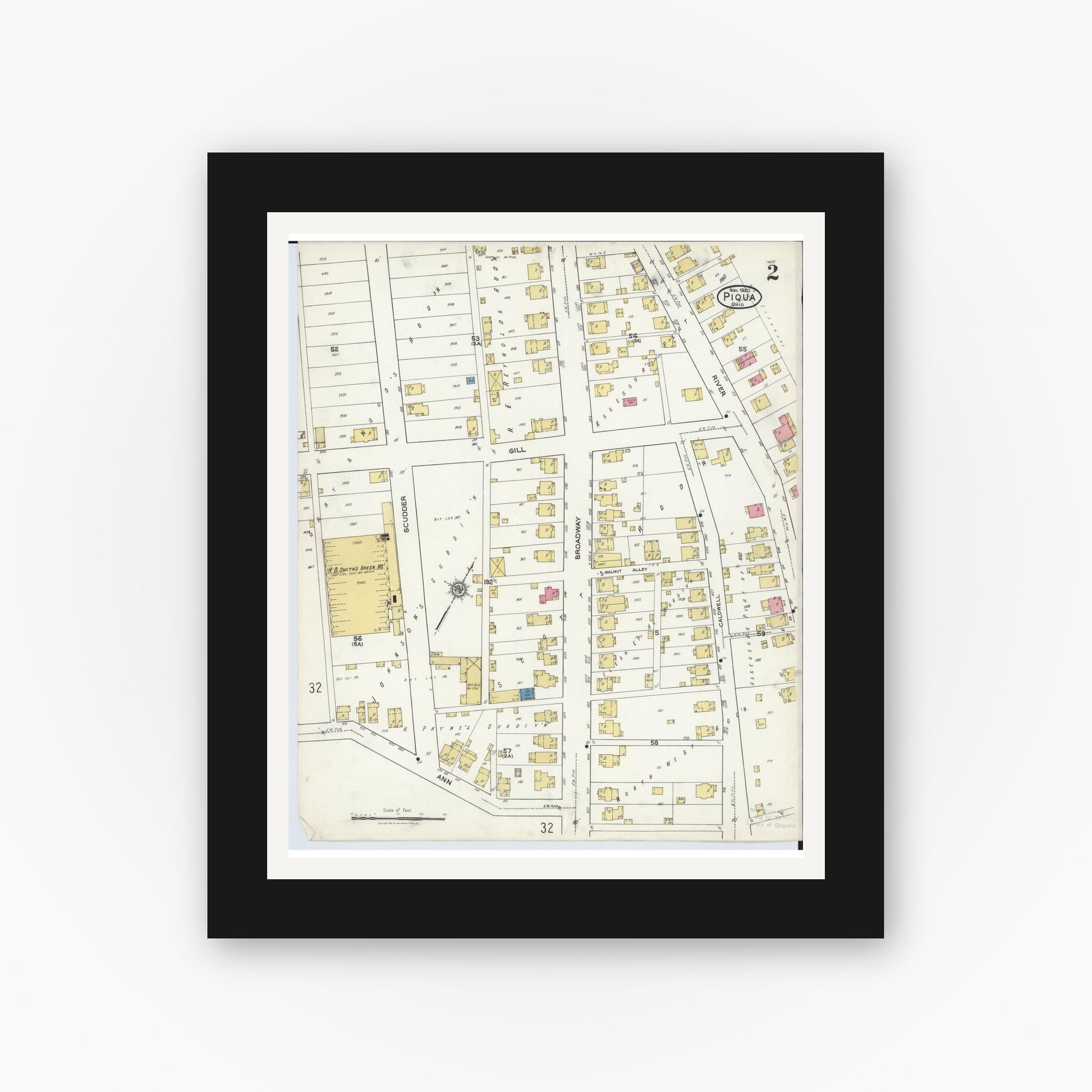 Old map wall art mockup — black gallery frame with white mat — Sanborn Fire Insurance Map from Piqua, Miami County, Ohio (1920), Sheet #0002