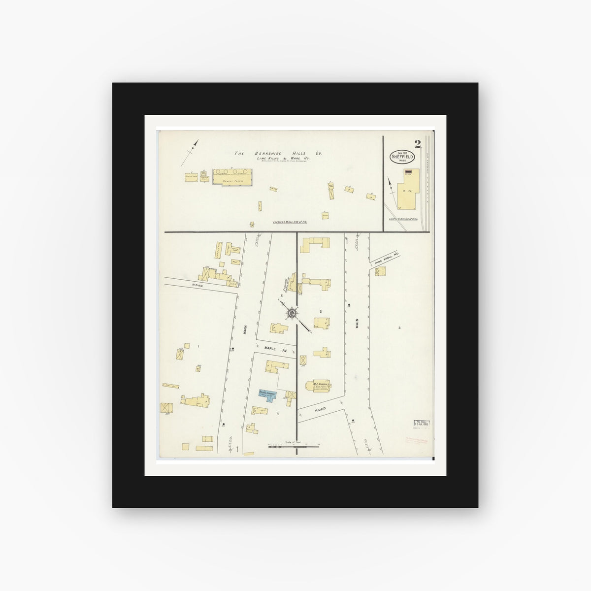 Old map wall art mockup — black gallery frame with white mat — Sanborn Fire Insurance Map from Sheffield, Berkshire County, Massachusetts (1912), Sheet #0002