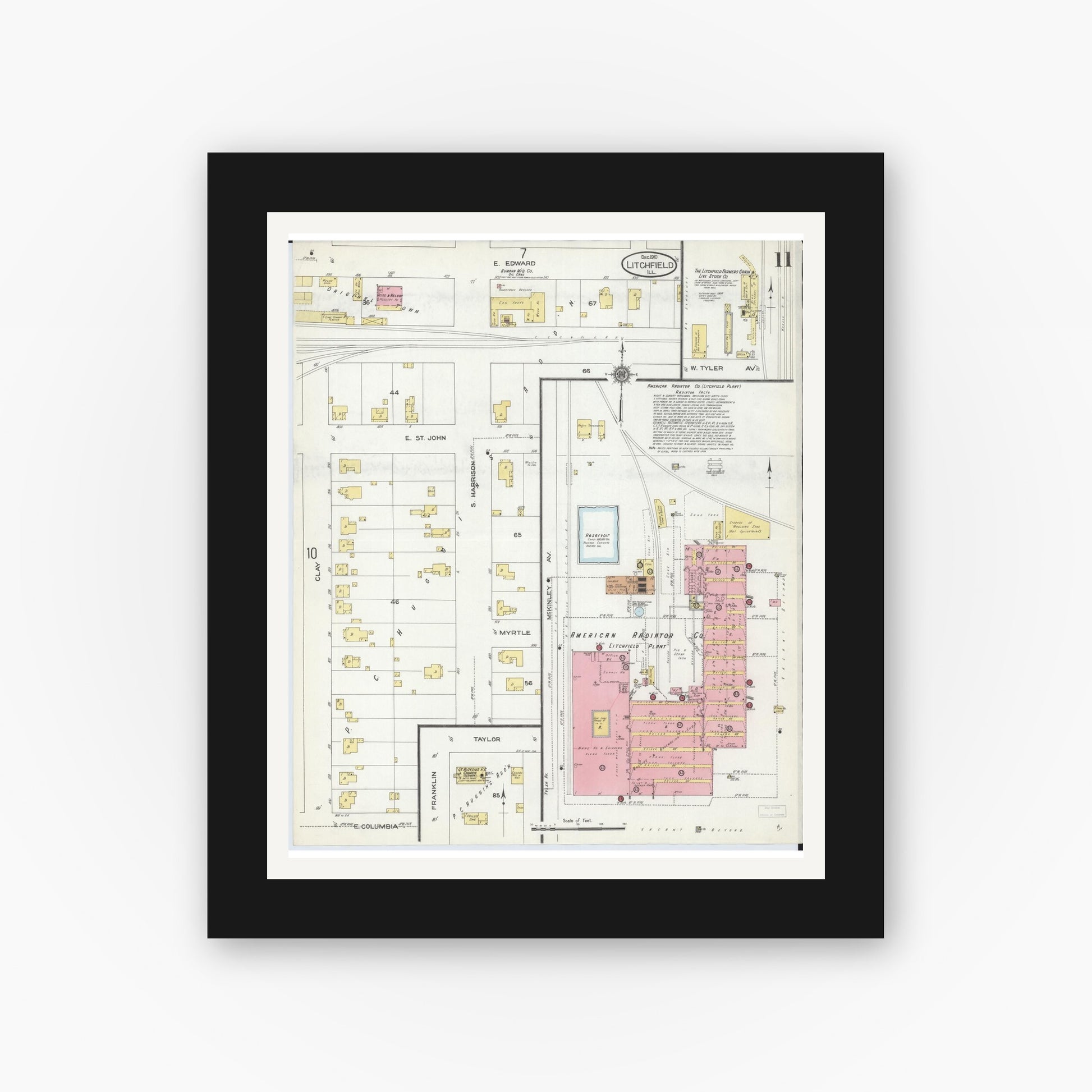 Old map wall art mockup — black gallery frame with white mat — Sanborn Fire Insurance Map from Litchfield, Montgomery County, Illinois (1910), Sheet #0011