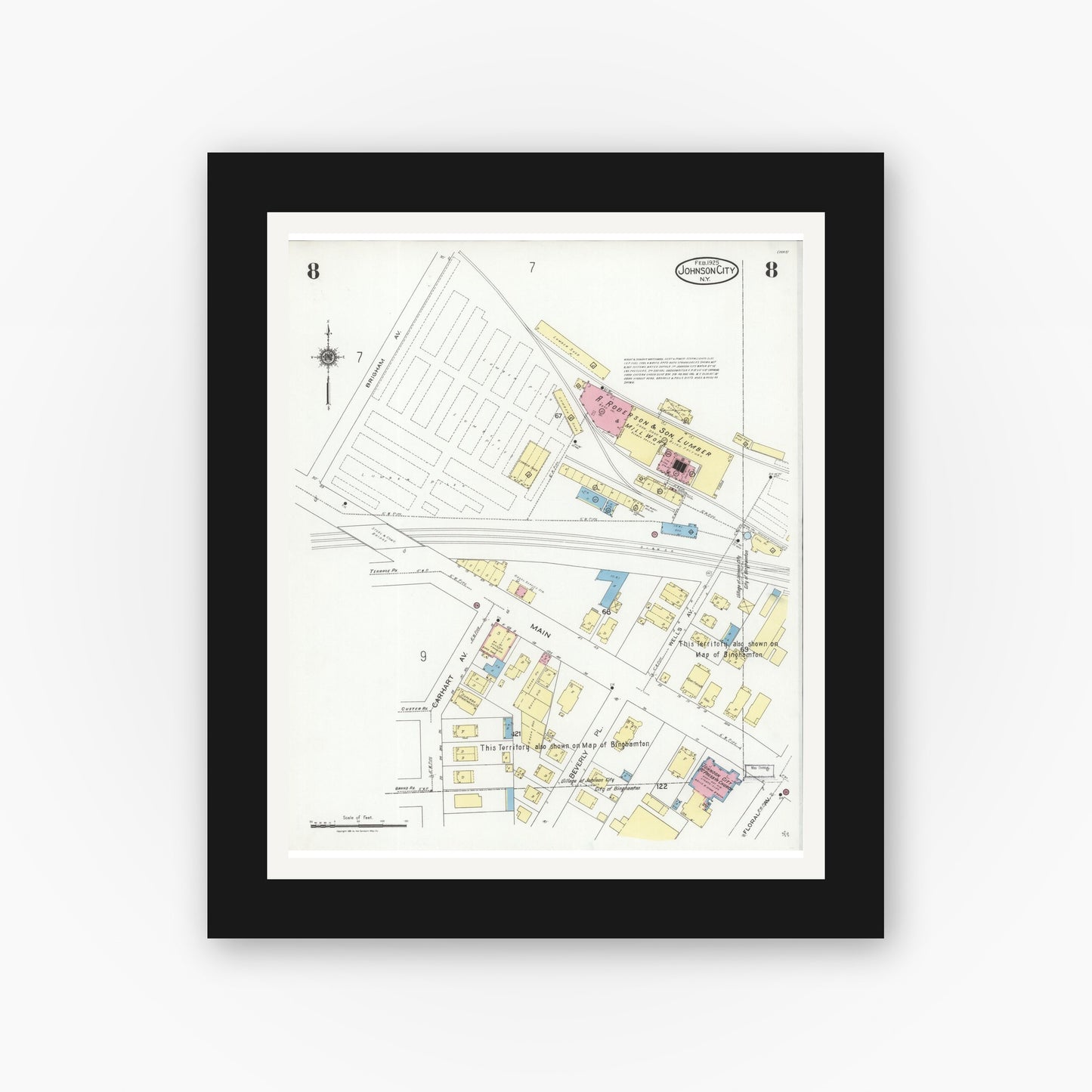Old map wall art mockup — black gallery frame with white mat — Sanborn Fire Insurance Map from Johnson City, Broome County, New York (1925), Sheet #0008