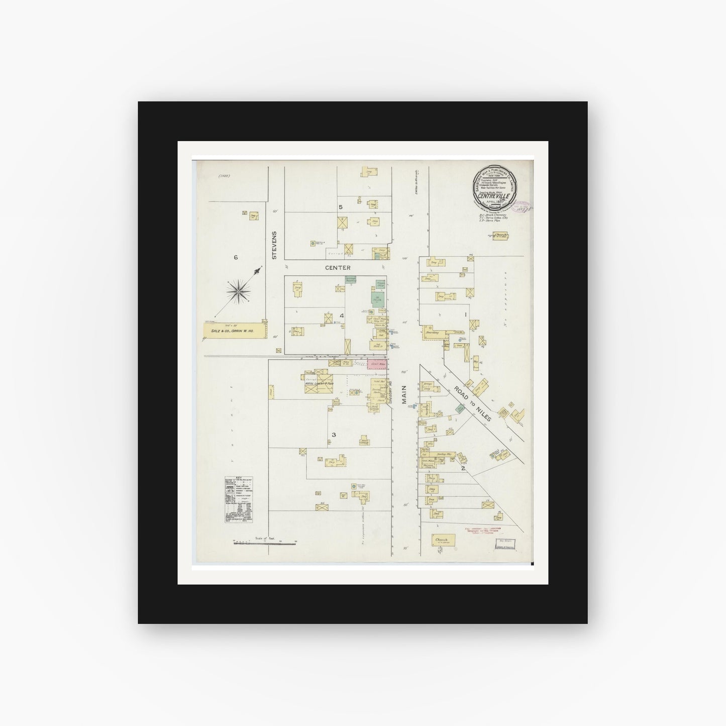 Old map wall art mockup — black gallery frame with white mat — Sanborn Fire Insurance Map from Centerville, Alameda County, California (1887), Sheet #0001