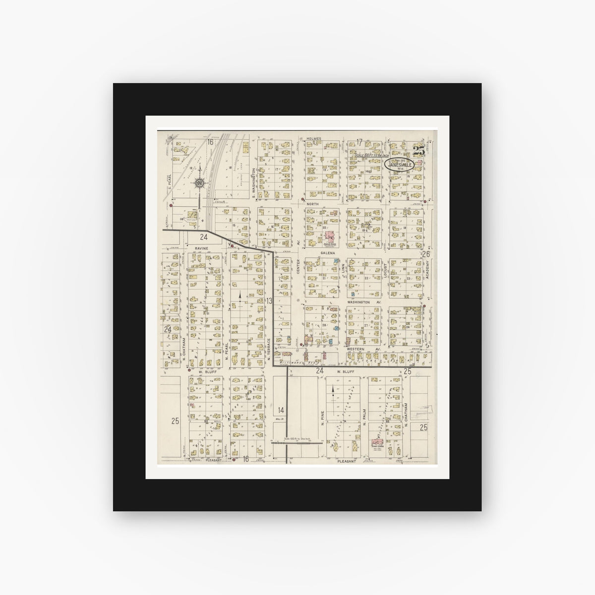 Old map wall art mockup — black gallery frame with white mat — Sanborn Fire Insurance Map from Janesville, Rock County, Wisconsin (1915), Sheet #0025