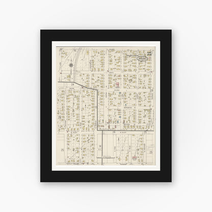 Old map wall art mockup — black gallery frame with white mat — Sanborn Fire Insurance Map from Janesville, Rock County, Wisconsin (1915), Sheet #0025