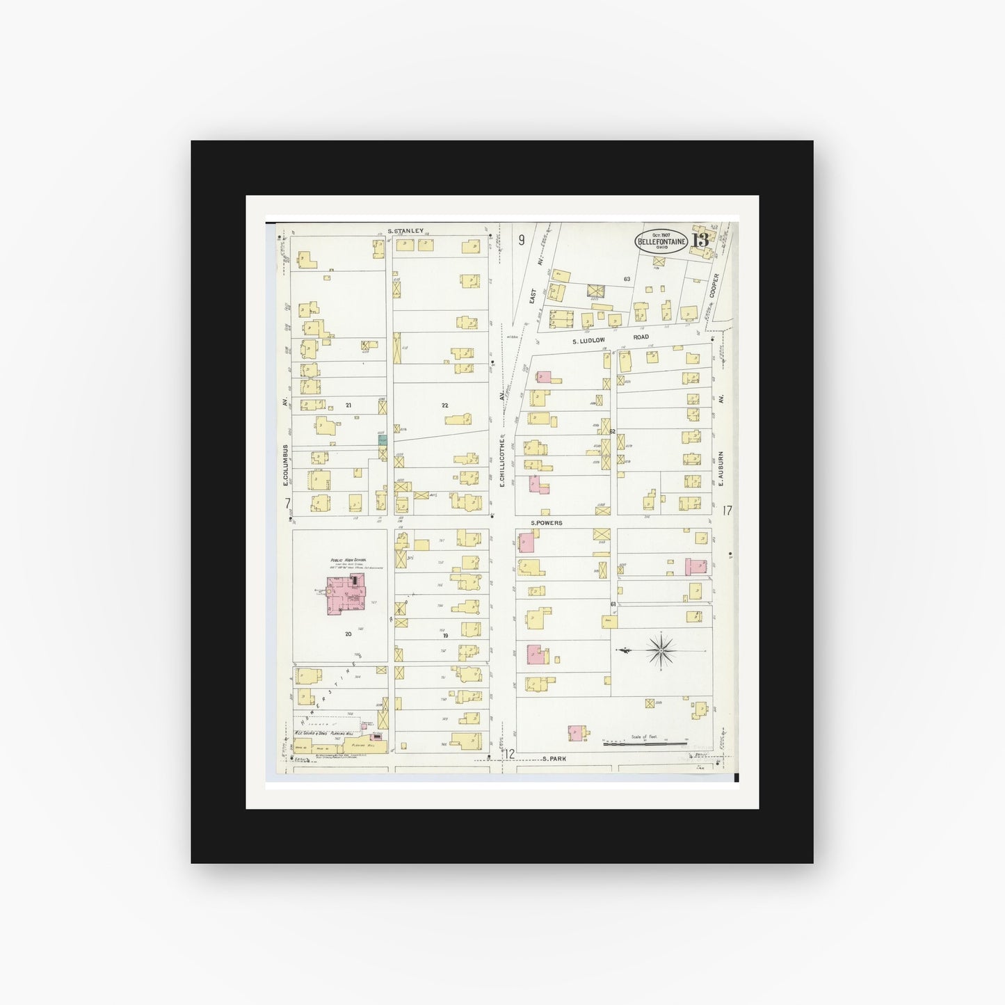 Old map wall art mockup — black gallery frame with white mat — Sanborn Fire Insurance Map from Bellefontaine, Logan County, Ohio (1907), Sheet #0013