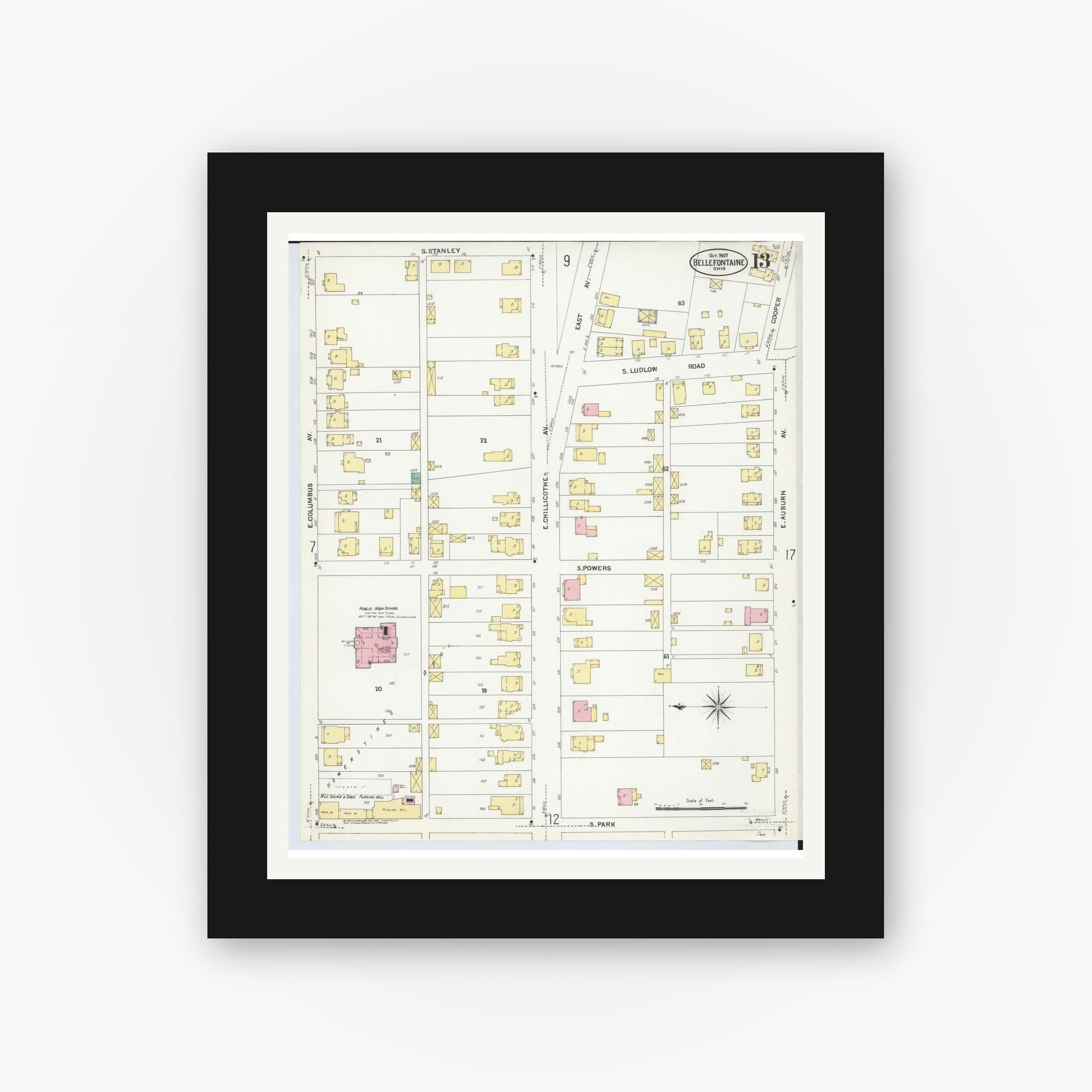 Old map wall art mockup — black gallery frame with white mat — Sanborn Fire Insurance Map from Bellefontaine, Logan County, Ohio (1907), Sheet #0013