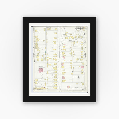 Old map wall art mockup — black gallery frame with white mat — Sanborn Fire Insurance Map from Bellefontaine, Logan County, Ohio (1907), Sheet #0013