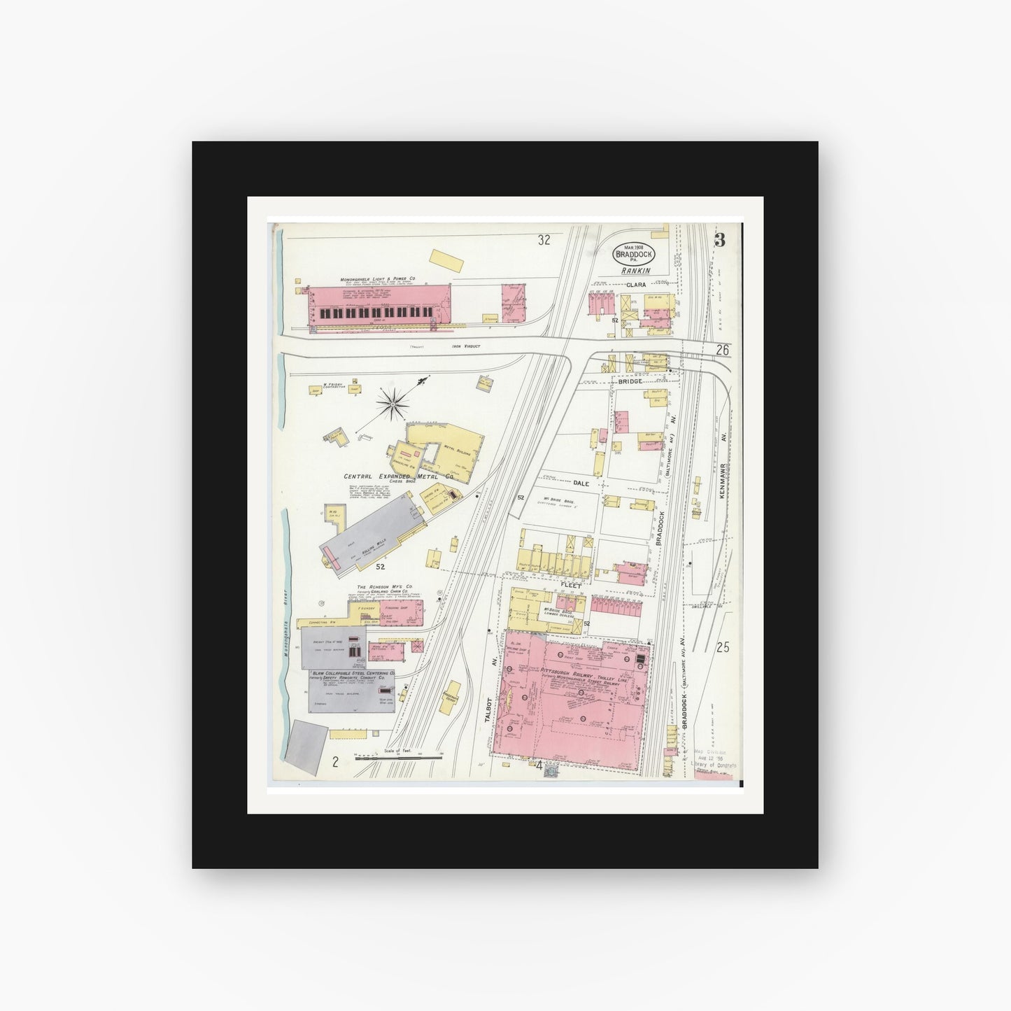 Old map wall art mockup — black gallery frame with white mat — Sanborn Fire Insurance Map from Braddock, Allegheny County, Pennsylvania (1908), Sheet #0003