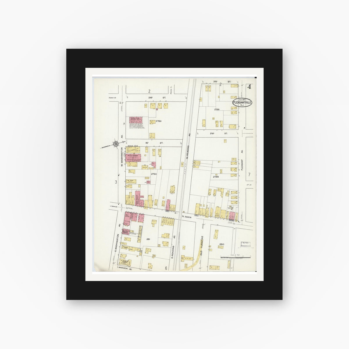 Old map wall art mockup — black gallery frame with white mat — Sanborn Fire Insurance Map from Pleasantville, Atlantic County, New Jersey (1917), Sheet #0004
