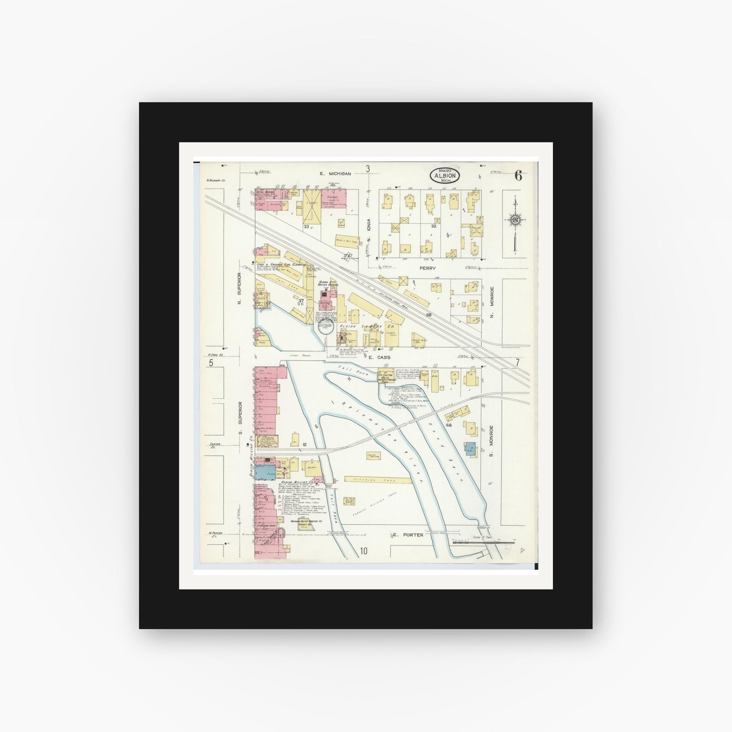 Old map wall art mockup — black gallery frame with white mat — Sanborn Fire Insurance Map from Albion, Calhoun County, Michigan (1913), Sheet #0006