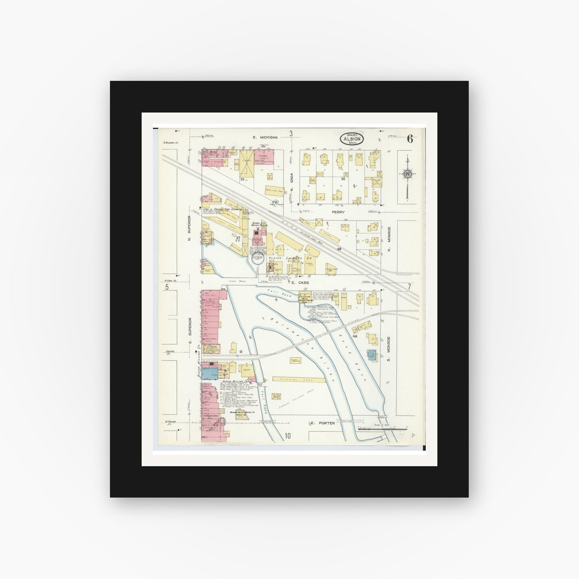 Old map wall art mockup — black gallery frame with white mat — Sanborn Fire Insurance Map from Albion, Calhoun County, Michigan (1913), Sheet #0006