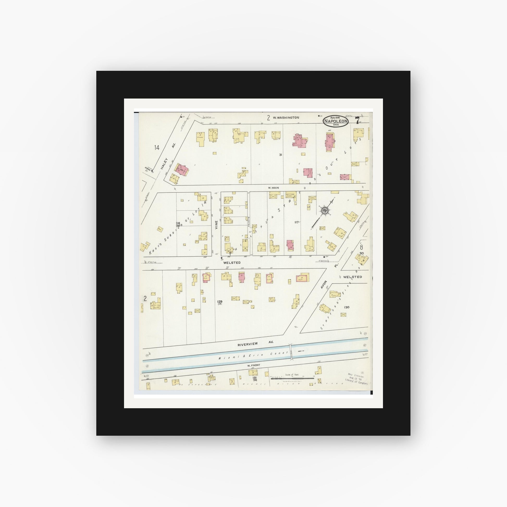 Old map wall art mockup — black gallery frame with white mat — Sanborn Fire Insurance Map from Napoleon, Henry County, Ohio (1916), Sheet #0007