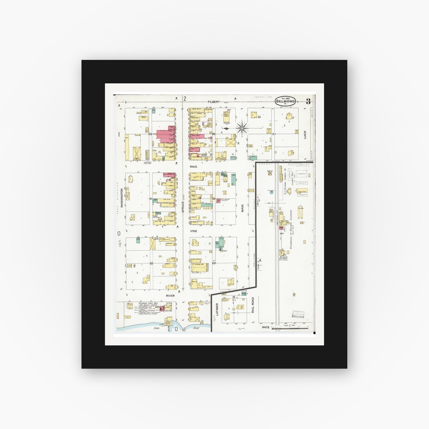 Old map wall art mockup — black gallery frame with white mat — Sanborn Fire Insurance Map from Belmond, Wright County, Iowa (1900), Sheet #0003