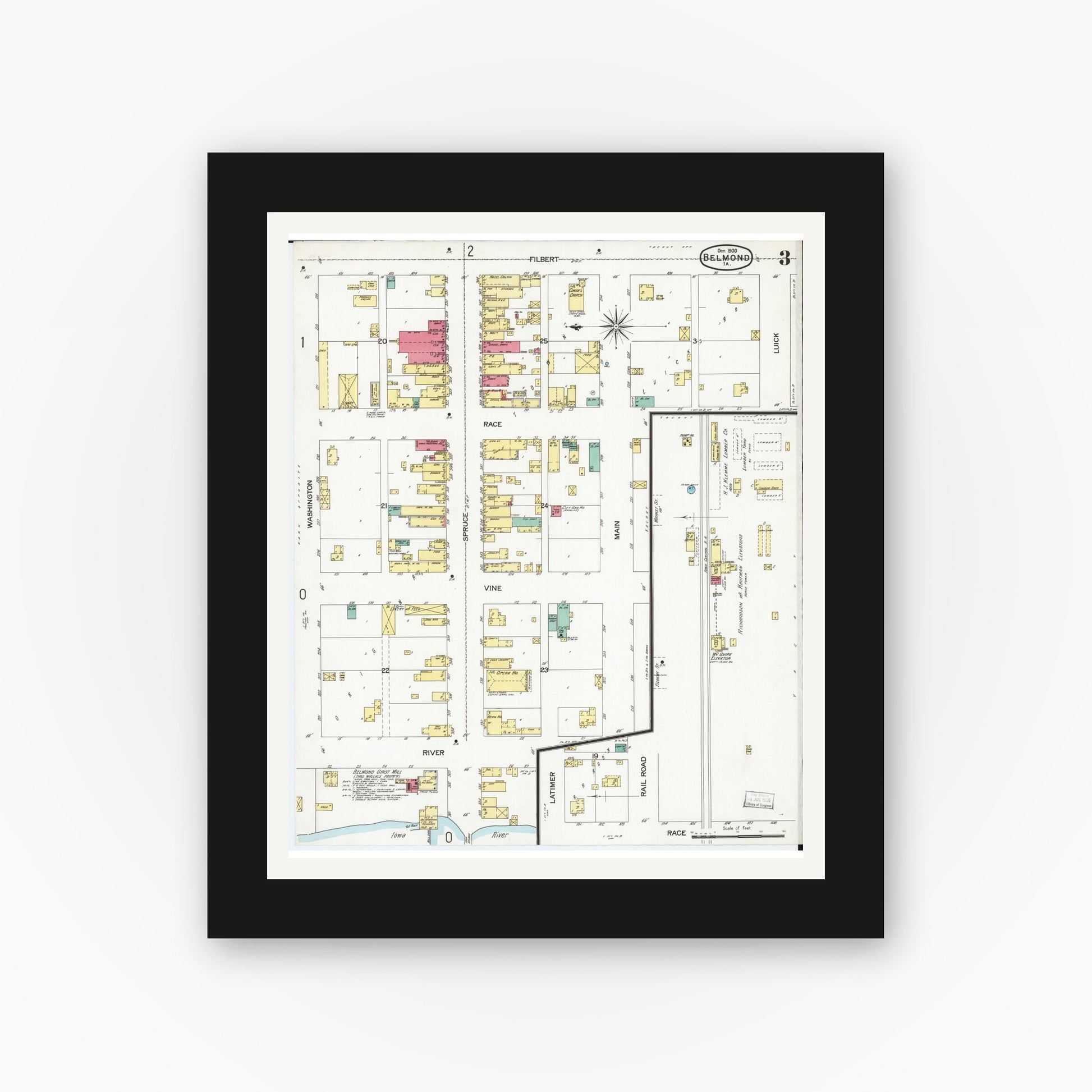 Old map wall art mockup — black gallery frame with white mat — Sanborn Fire Insurance Map from Belmond, Wright County, Iowa (1900), Sheet #0003